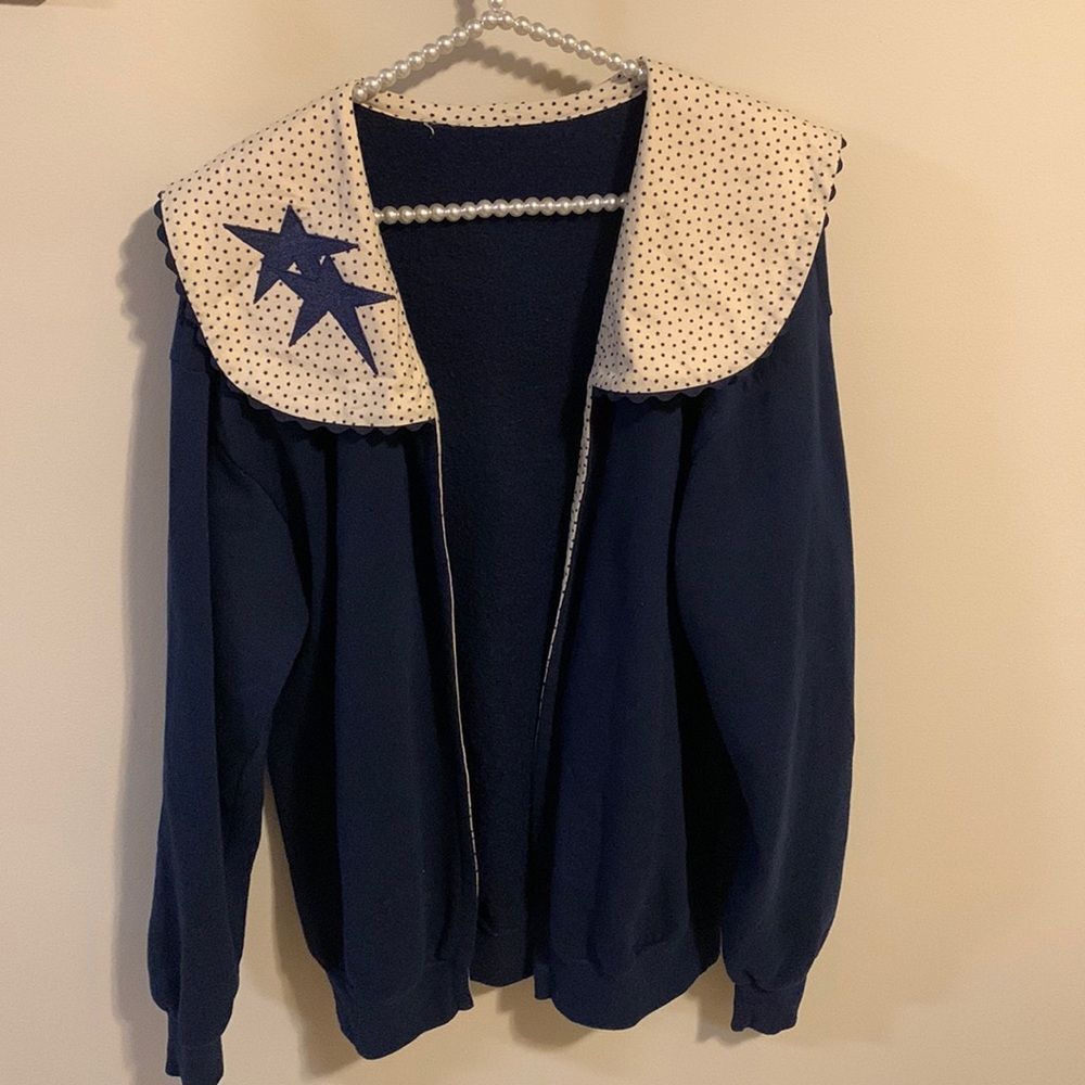 Vintage 80s Ugly Christmas Sweater Fleece Jacket Santa Sailor Collar Star Navy M